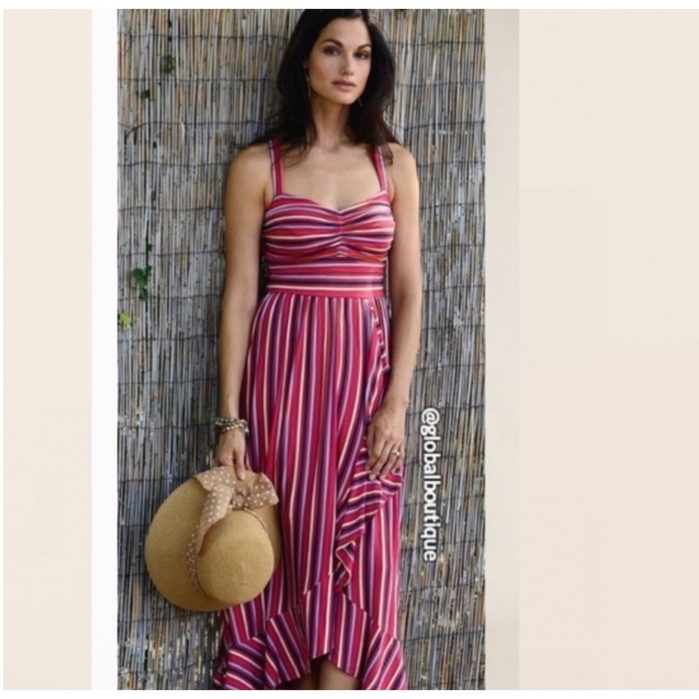 Maeve Gabriela‎ Striped Halter Maxi Dress Pink Red Ruffle High Low Tie Waist S